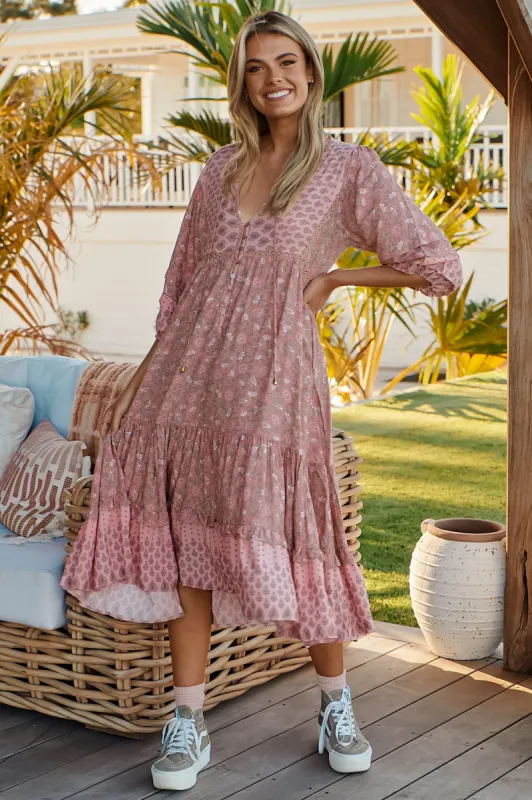 Monday Midi Dress - V Neck Crochet Bust Line Smock Dress with Balloon Sleeves in Rosabella Print sold by Salty Crush