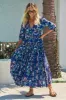 JAASE - Berry Maxi Dress - V-Neck 3/4 Sleeve Tiered Dress in Indigo Floral Print sold by Salty Crush