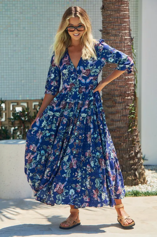 JAASE - Berry Maxi Dress - V-Neck 3/4 Sleeve Tiered Dress in Indigo Floral Print sold by Salty Crush