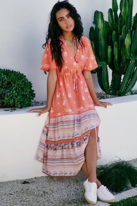 JAASE - Carlo Maxi Dress: V-Neck Pull Tie Waist Dress with Crochet Trims in Tropic Tonic Print sold by Salty Crush