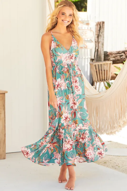 JAASE - Reef Maxi Dress: V-Neck Adjustable Strap Sun Dress in Malini Print made by Jaase