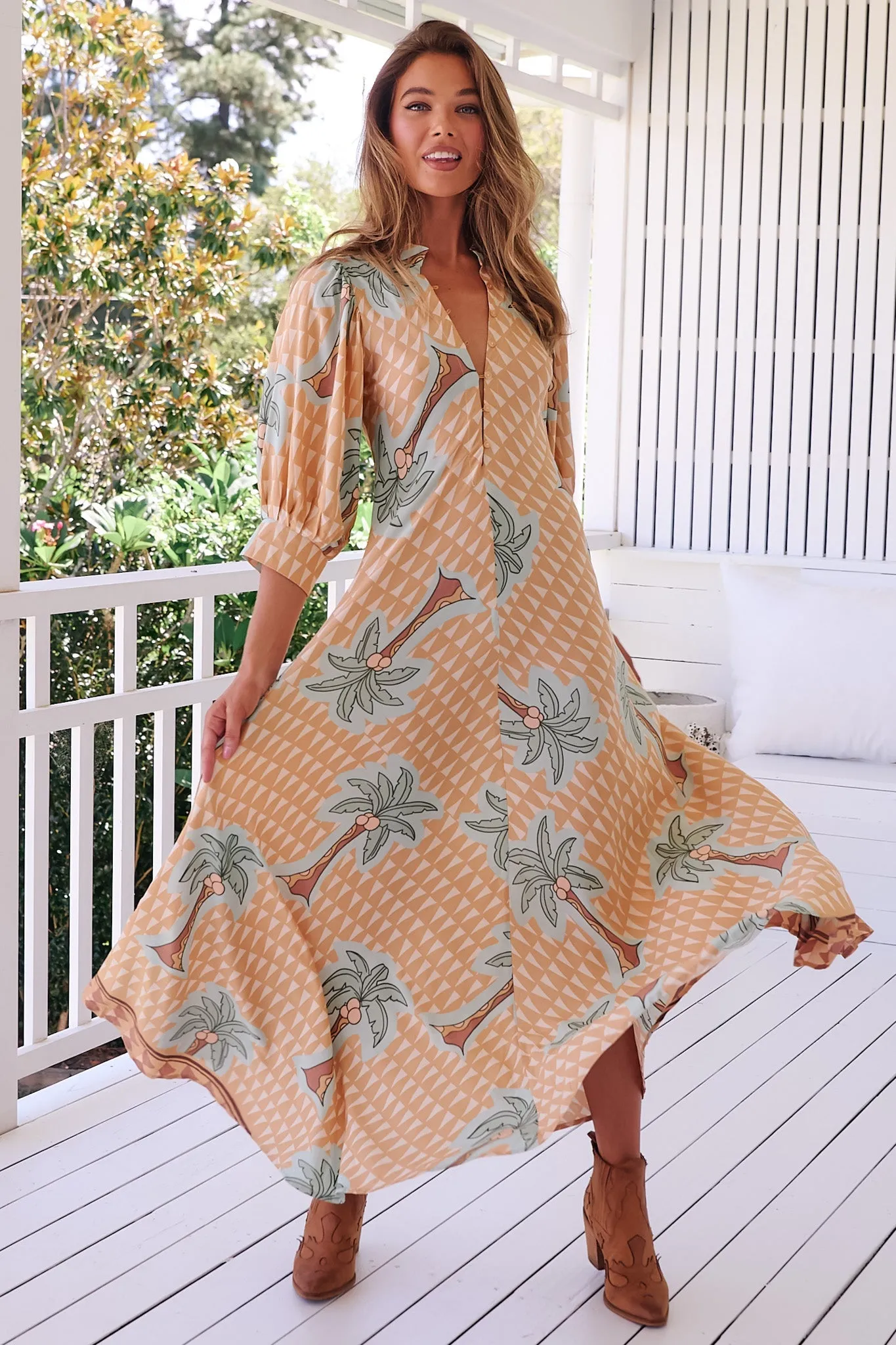 JAASE - Zoie Maxi Dress: Deep V Neck A Line Dress in Sahara Sunset Print sold by Salty Crush product image thumbnail 2