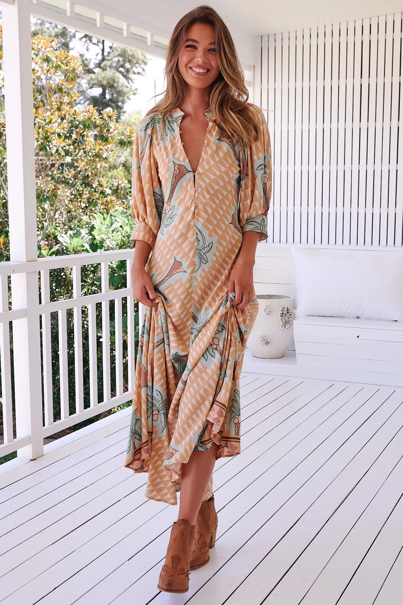 JAASE - Zoie Maxi Dress: Deep V Neck A Line Dress in Sahara Sunset Print sold by Salty Crush product image thumbnail 4