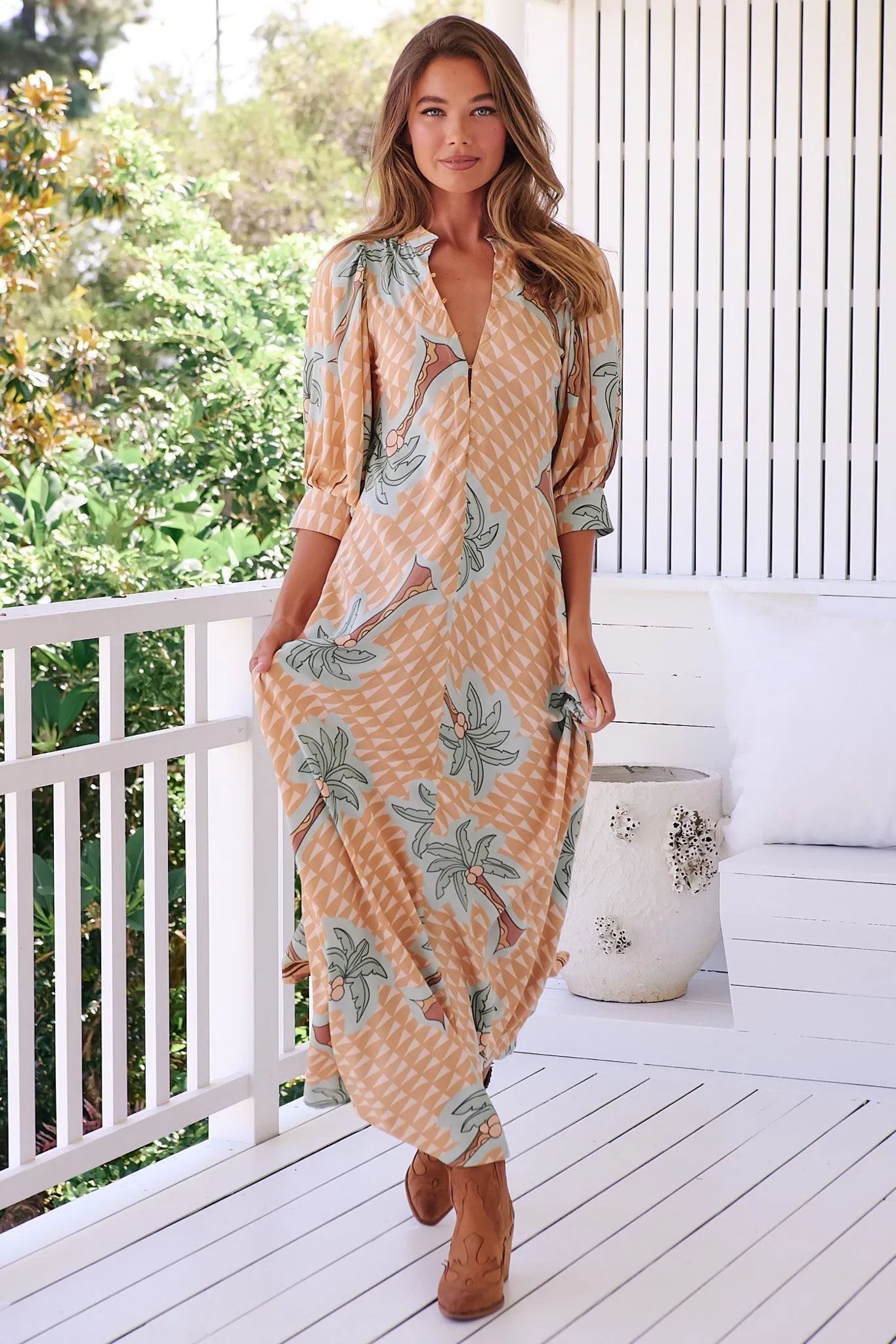 JAASE - Zoie Maxi Dress: Deep V Neck A Line Dress in Sahara Sunset Print sold by Salty Crush product image thumbnail 5