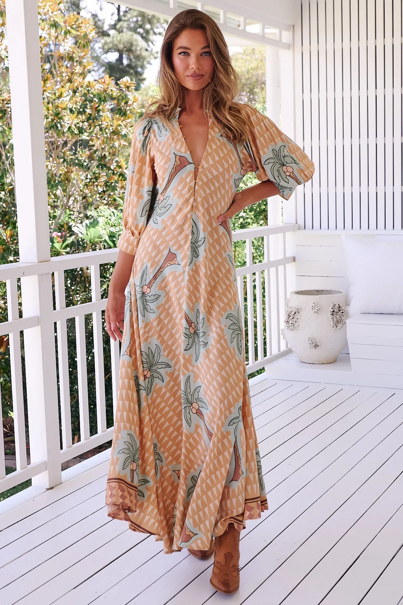 JAASE - Zoie Maxi Dress: Deep V Neck A Line Dress in Sahara Sunset Print sold by Salty Crush