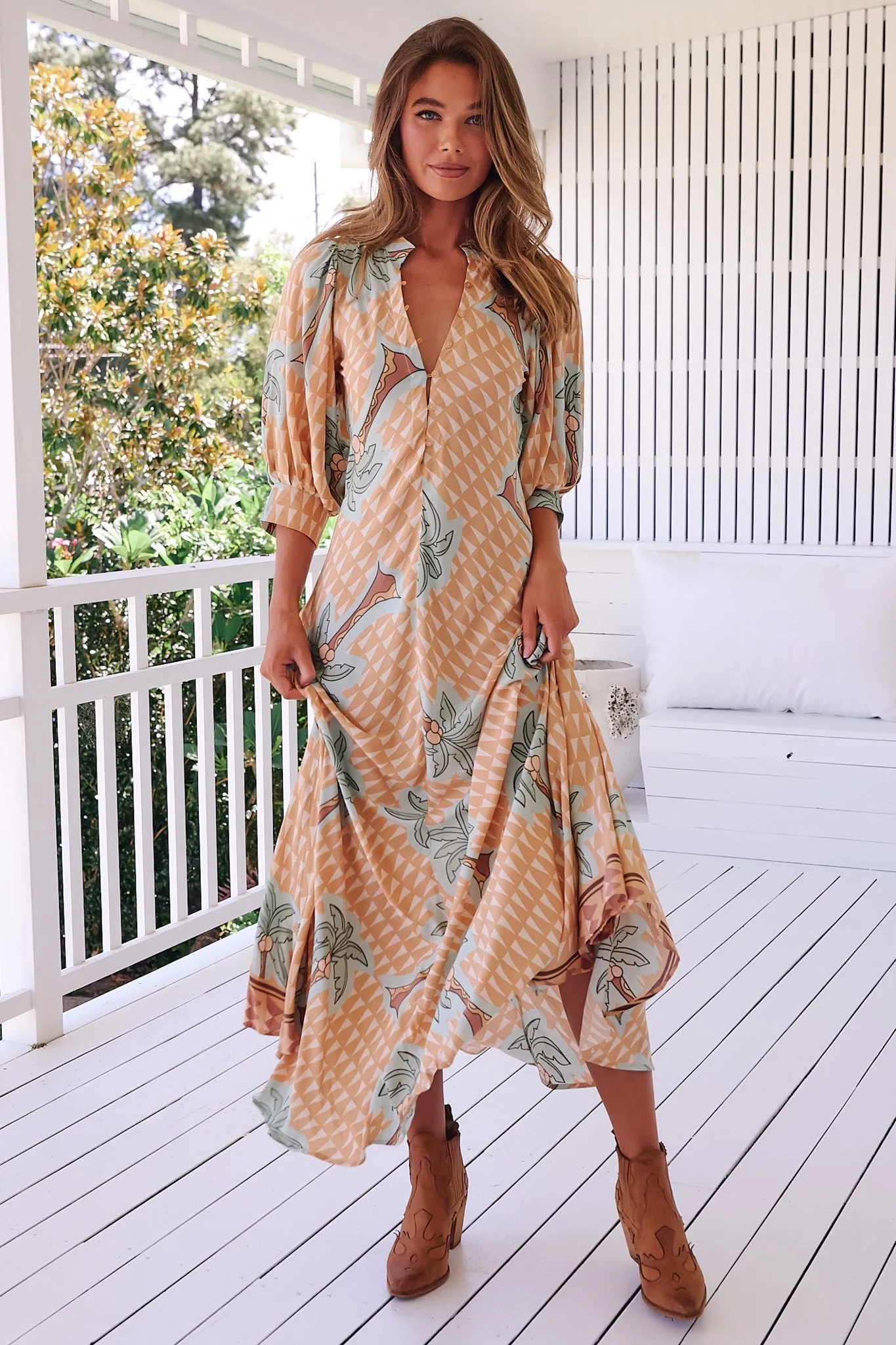 JAASE - Zoie Maxi Dress: Deep V Neck A Line Dress in Sahara Sunset Print sold by Salty Crush product image thumbnail 3