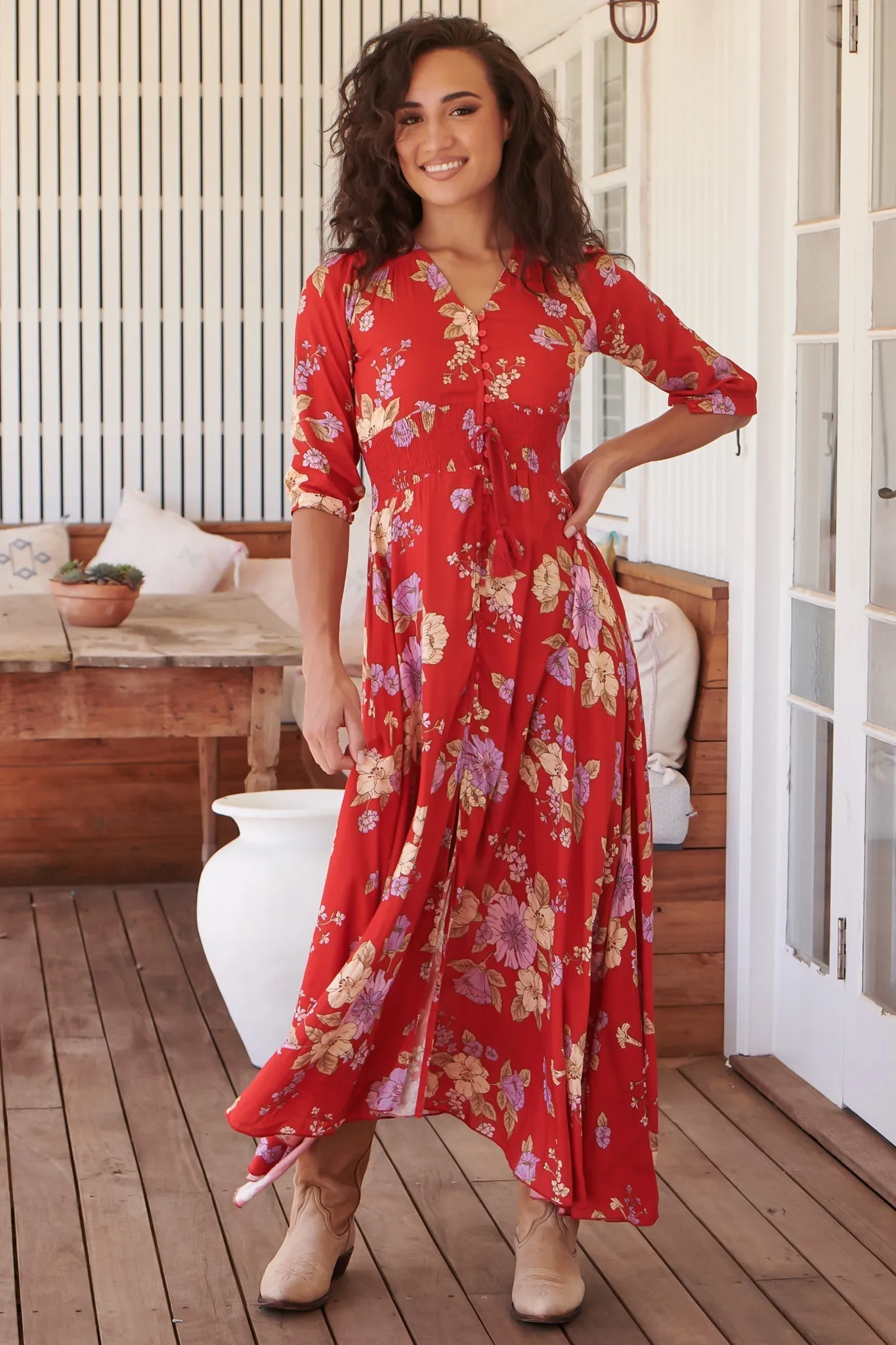 JAASE - Indiana Maxi Dress: Lace Back Shirred Waist A Line Dress with Handkerchief Hemline in Aiko Print sold by Salty Crush product image thumbnail 3