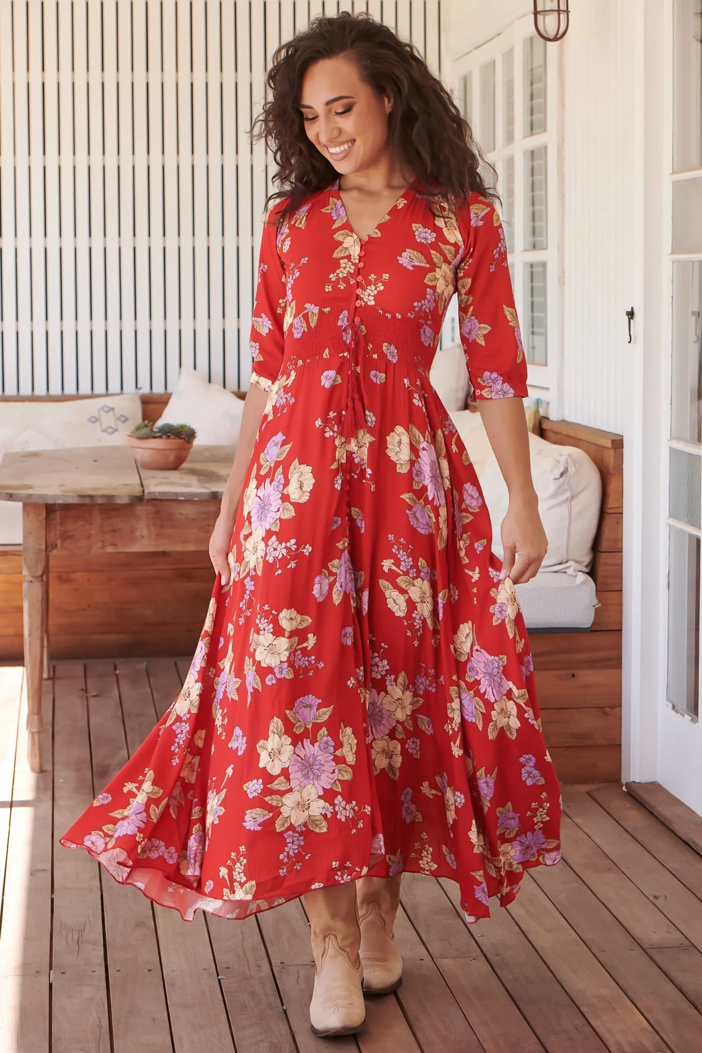 JAASE - Indiana Maxi Dress: Lace Back Shirred Waist A Line Dress with Handkerchief Hemline in Aiko Print sold by Salty Crush product image thumbnail 4