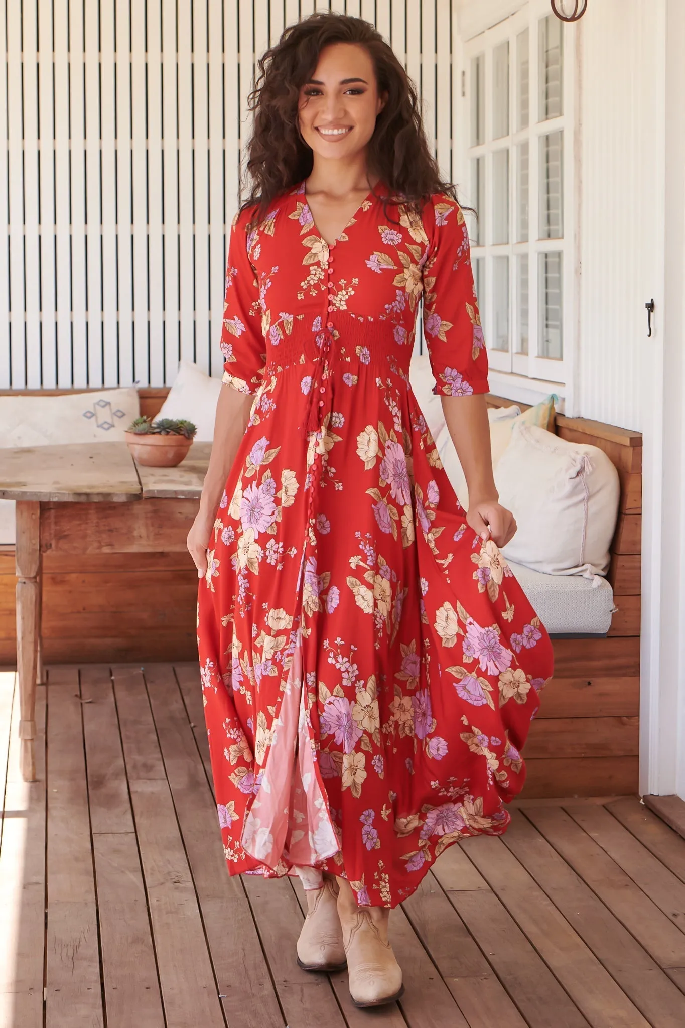 JAASE - Indiana Maxi Dress: Lace Back Shirred Waist A Line Dress with Handkerchief Hemline in Aiko Print sold by Salty Crush