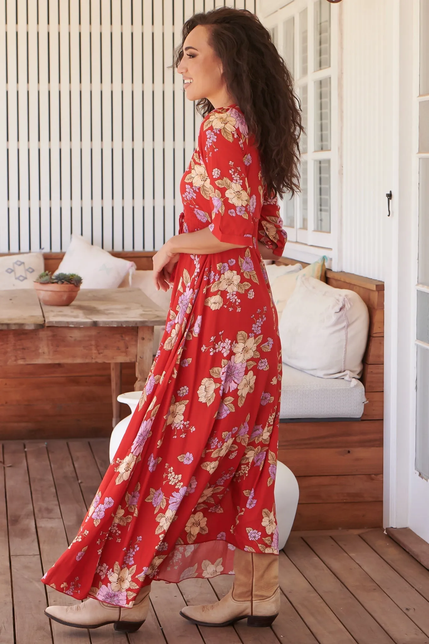 JAASE - Indiana Maxi Dress: Lace Back Shirred Waist A Line Dress with Handkerchief Hemline in Aiko Print sold by Salty Crush product image thumbnail 5