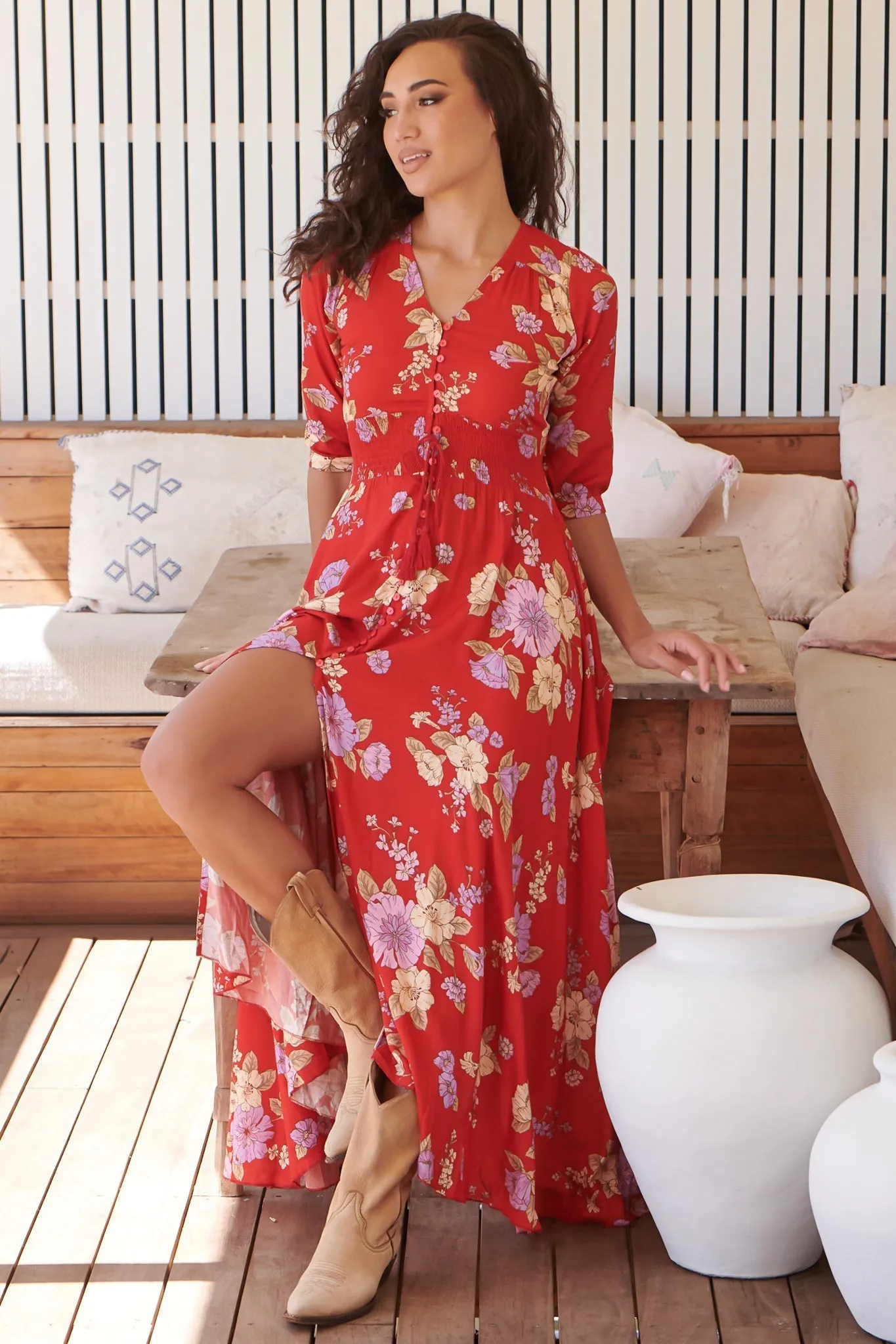 JAASE - Indiana Maxi Dress: Lace Back Shirred Waist A Line Dress with Handkerchief Hemline in Aiko Print sold by Salty Crush product image thumbnail 2