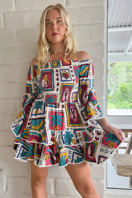 JAASE - Primrose Mini Dress: Off Shoulder Dramatic Long Sleeve Dress in Alice Print sold by Salty Crush