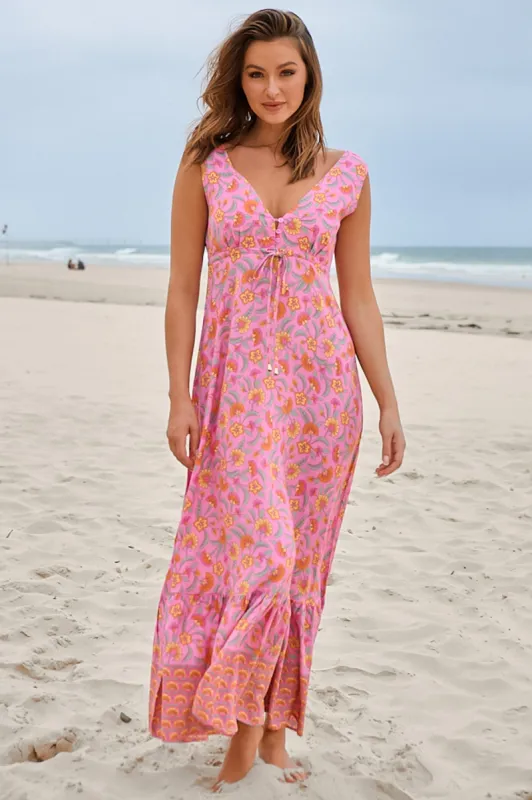 JAASE - Esmie Maxi Dress: V Neck Front and Back A Line Sun Dress in Rosewater Print sold by Salty Crush