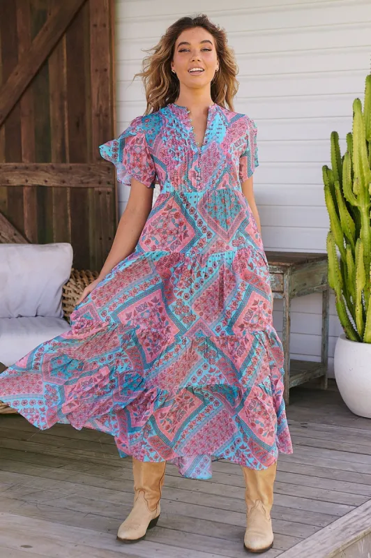 JAASE - Yoli Maxi Dress: Bermuda Collar Pleated Bodice Tiered Dress with Ruffle Cap Sleeves in Luana Print sold by Salty Crush