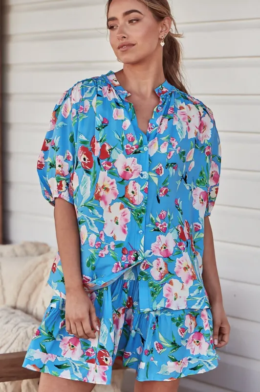 JAASE - Sierra Top: Short Balloon Sleeve Button Down Shirt in Imagination Print sold by Salty Crush