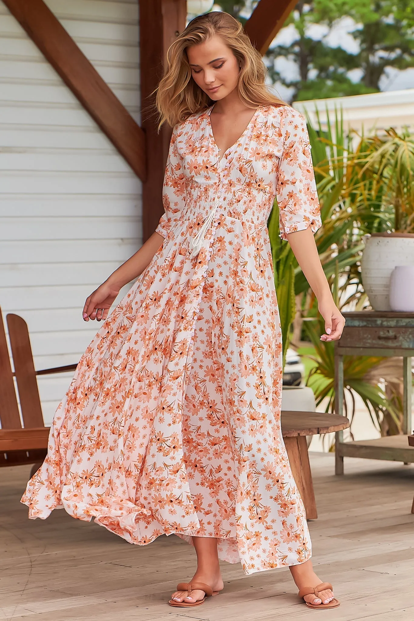 Indiana Maxi Dress - Lace Back Shirred Waist A Line Dress with Handkerchief Hemline in Prairie Apricot Print sold by Salty Crush product image thumbnail 4