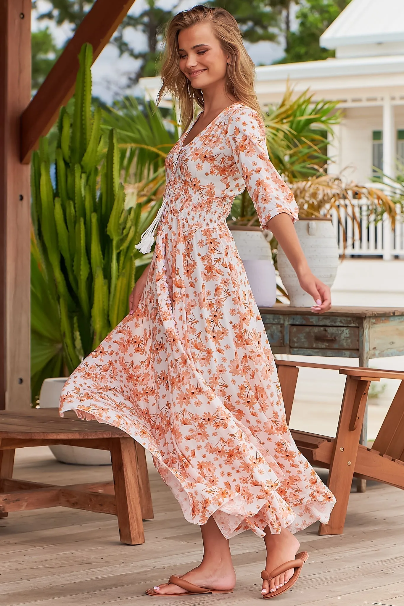 Indiana Maxi Dress - Lace Back Shirred Waist A Line Dress with Handkerchief Hemline in Prairie Apricot Print sold by Salty Crush product image thumbnail 5