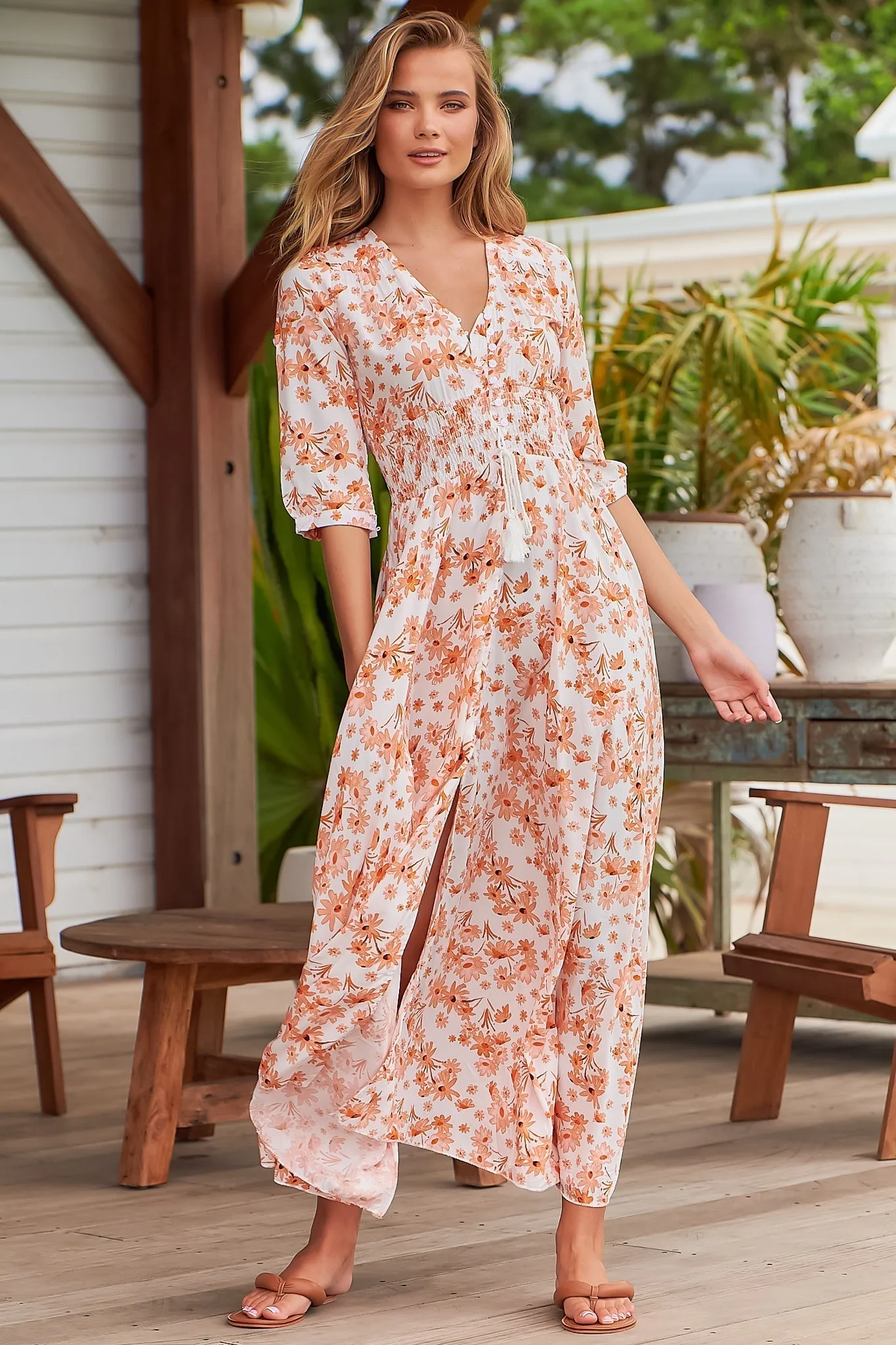 Indiana Maxi Dress - Lace Back Shirred Waist A Line Dress with Handkerchief Hemline in Prairie Apricot Print sold by Salty Crush