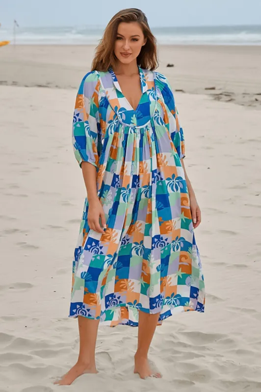 JAASE - Boheme Midi Dress: Piping Defined Bust Slimline Smock Dress in Tides Print sold by Salty Crush