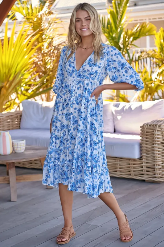 JAASE - Monday Midi Dress: V Neck Crochet Bust line Smock Dress with Balloon Sleeves in Pairie Blue Print sold by Salty Crush