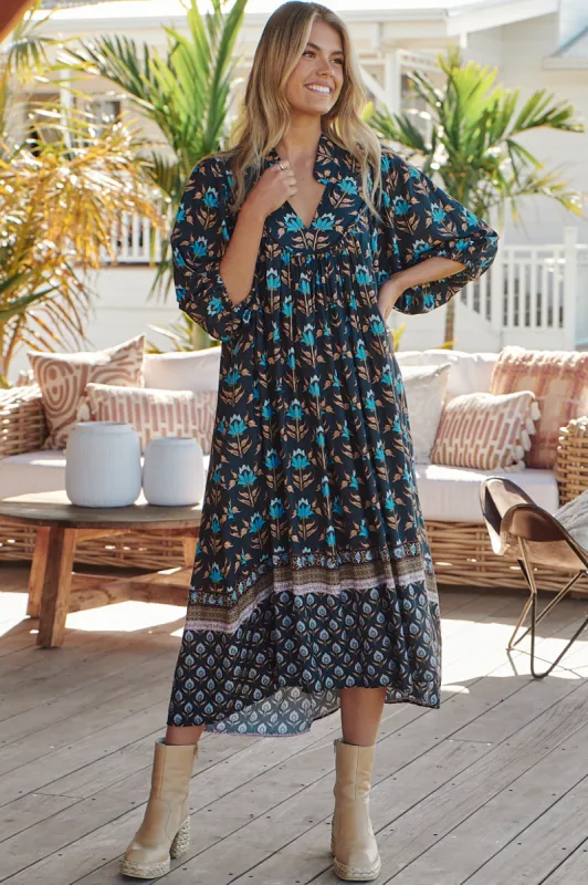 Boheme Midi Dress - Mandarin Collar Slimline Smock Dress in Juniper Print sold by Salty Crush