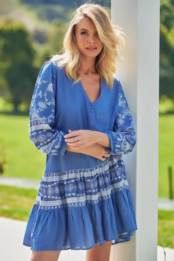 Payson Mini Dress - Border Print Button Down Balloon Sleeve Dress in Eshana Print Blue sold by Salty Crush product image thumbnail 3