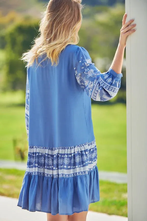 Payson Mini Dress - Border Print Button Down Balloon Sleeve Dress in Eshana Print Blue sold by Salty Crush product image thumbnail 5