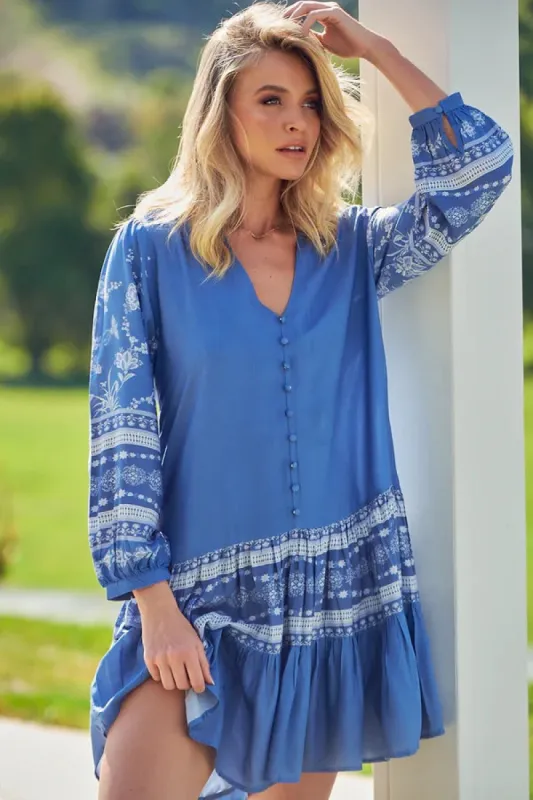 Payson Mini Dress - Border Print Button Down Balloon Sleeve Dress in Eshana Print Blue sold by Salty Crush
