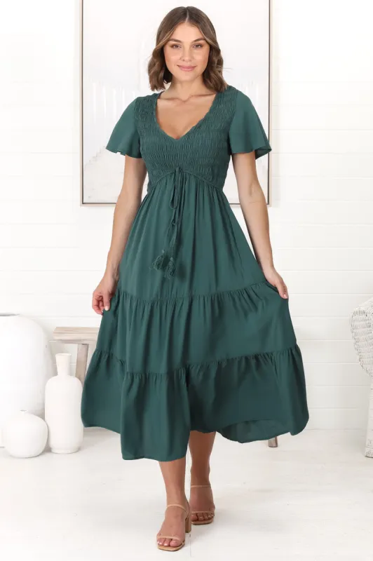 Amaya Midi Dress - Shirred Cap Sleeve A Line Dress in Emerald sold by Salty Crush