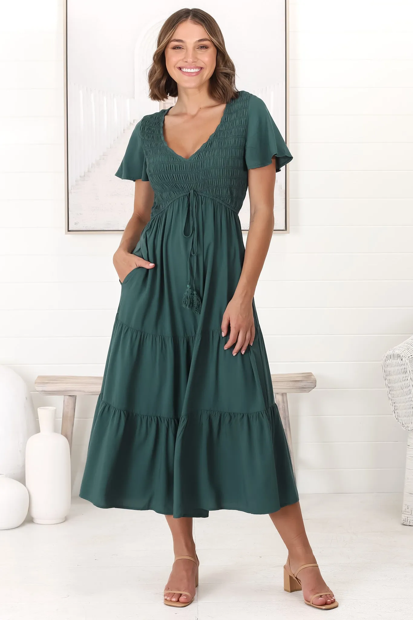 Amaya Midi Dress - Shirred Cap Sleeve A Line Dress in Emerald sold by Salty Crush product image thumbnail 4