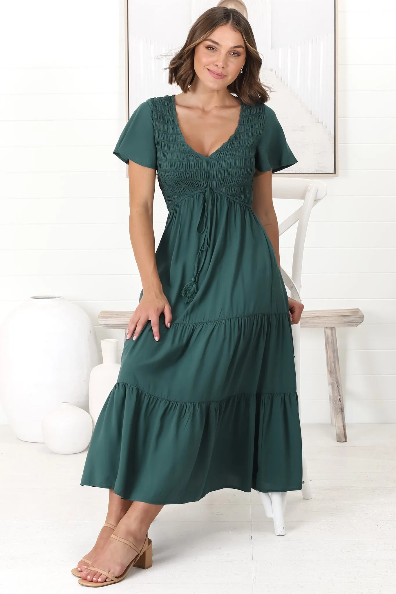 Amaya Midi Dress - Shirred Cap Sleeve A Line Dress in Emerald sold by Salty Crush product image thumbnail 2