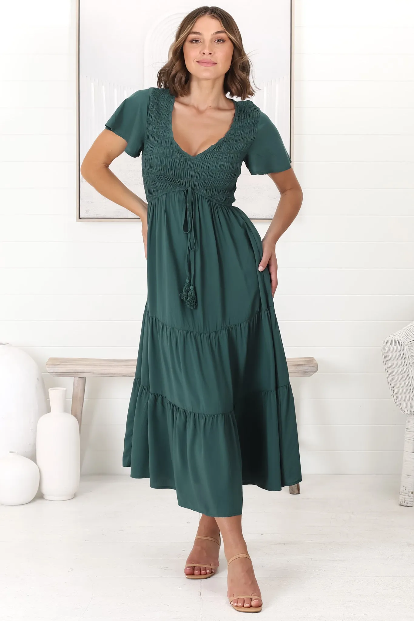 Amaya Midi Dress - Shirred Cap Sleeve A Line Dress in Emerald sold by Salty Crush product image thumbnail 5