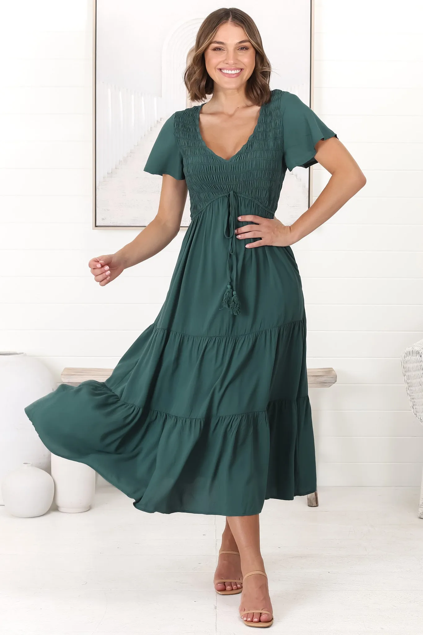 Amaya Midi Dress - Shirred Cap Sleeve A Line Dress in Emerald sold by Salty Crush product image thumbnail 3