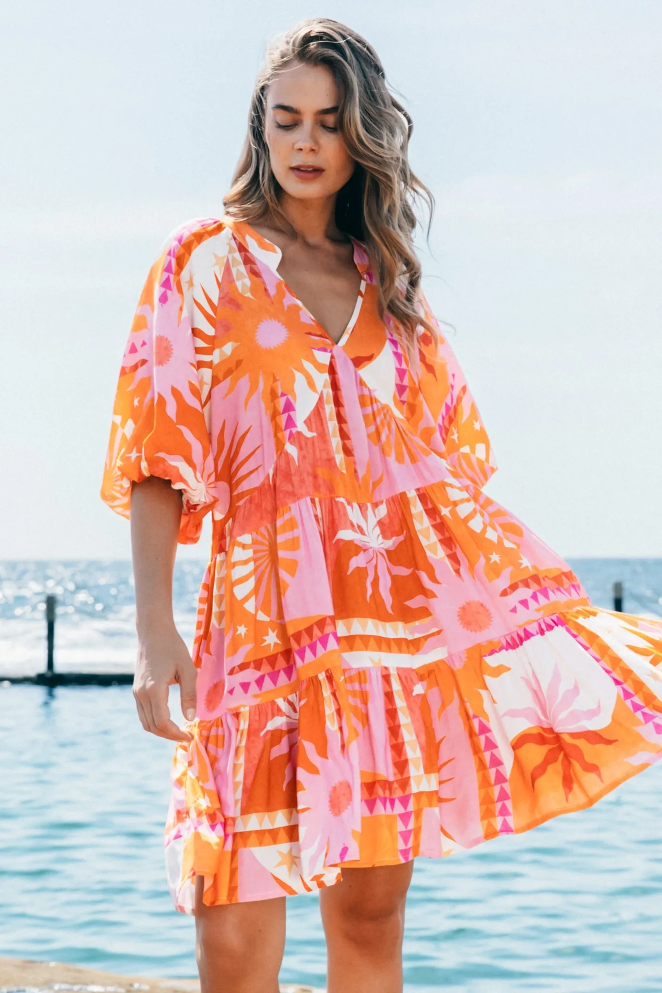 Reve Mini Dress - Balloon Sleeve Tiered Smock Dress in Eliana Print sold by Salty Crush