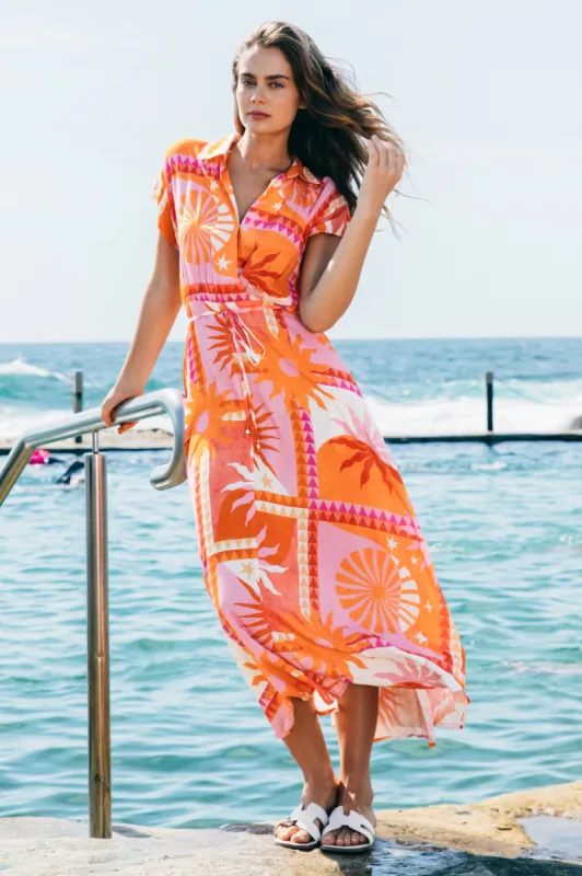 Sage Maxi Dress - Collared Cross Bodice A-Line Dress with Waist Tie in Eliana Print sold by Salty Crush
