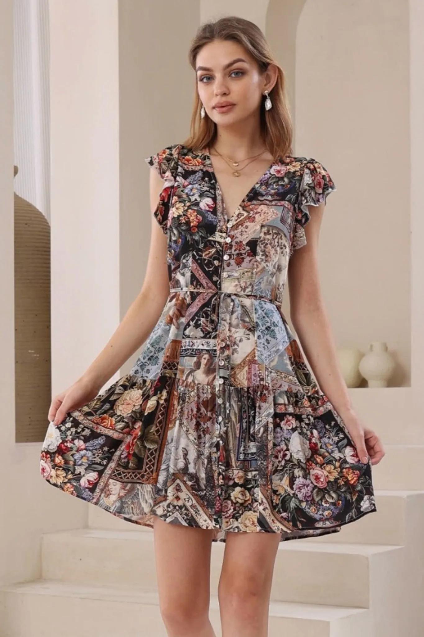 Liora Mini Dress - Button Through Frill Cap Sleeve Dress in Elaine Print sold by Salty Crush