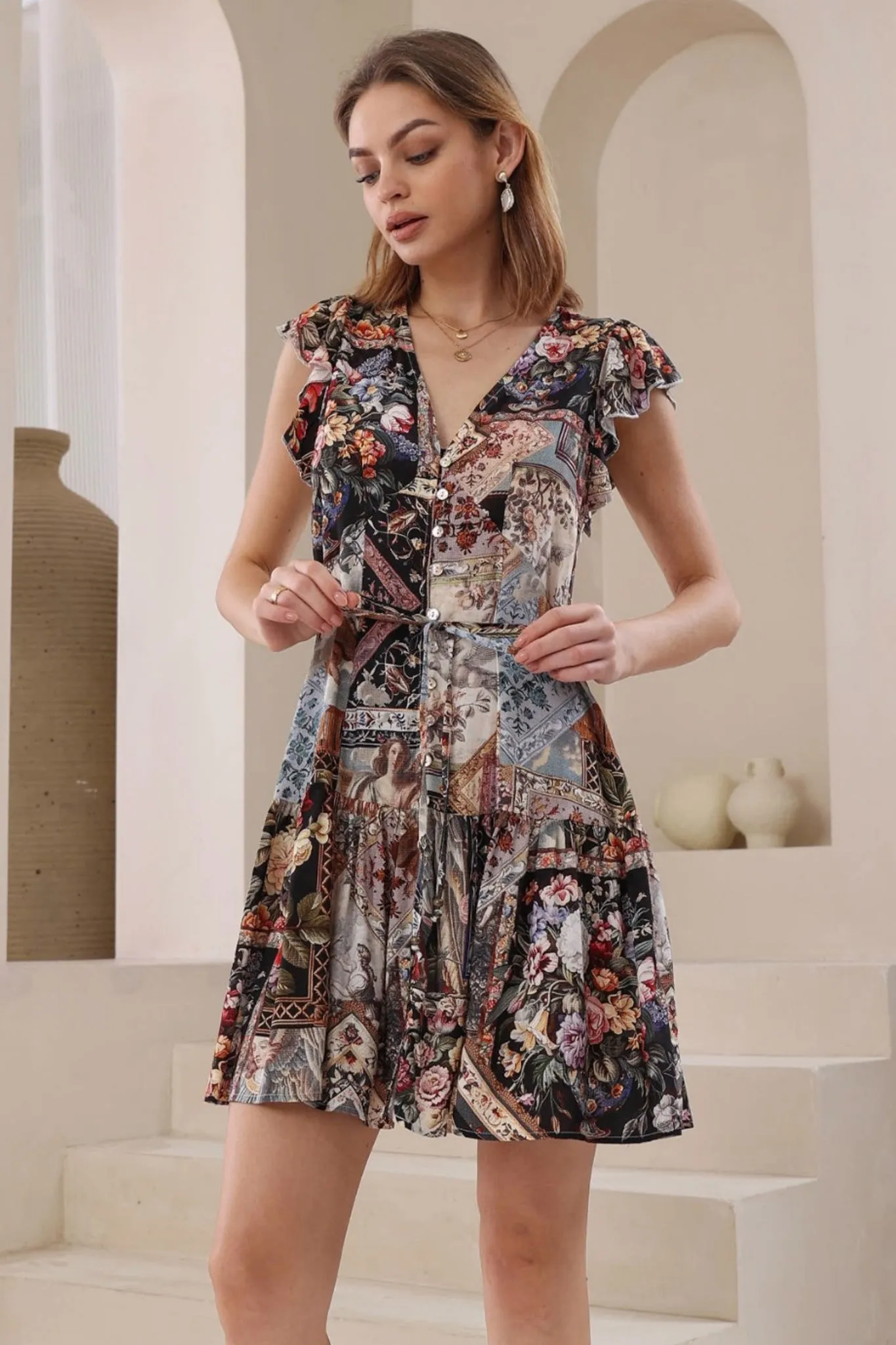 Liora Mini Dress - Button Through Frill Cap Sleeve Dress in Elaine Print sold by Salty Crush product image thumbnail 2