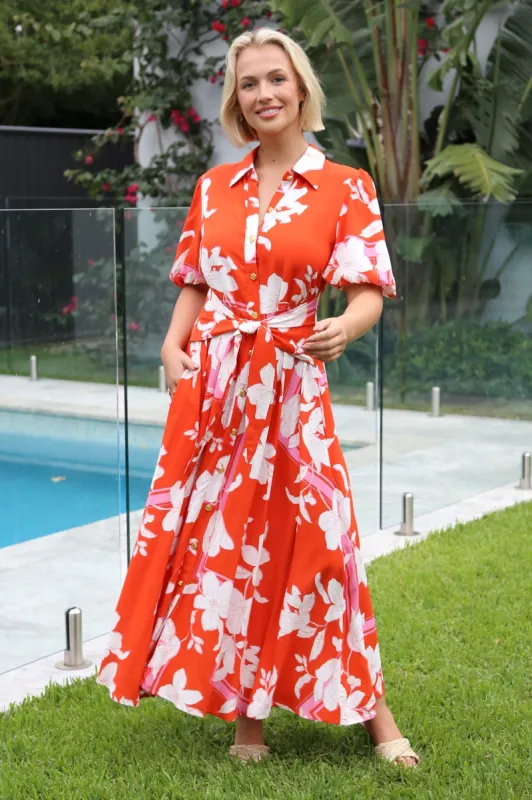 Elena Maxi Dress - Short Balloon Sleeve Button Down Dress With Belt in Blossaria Print sold by Salty Crush