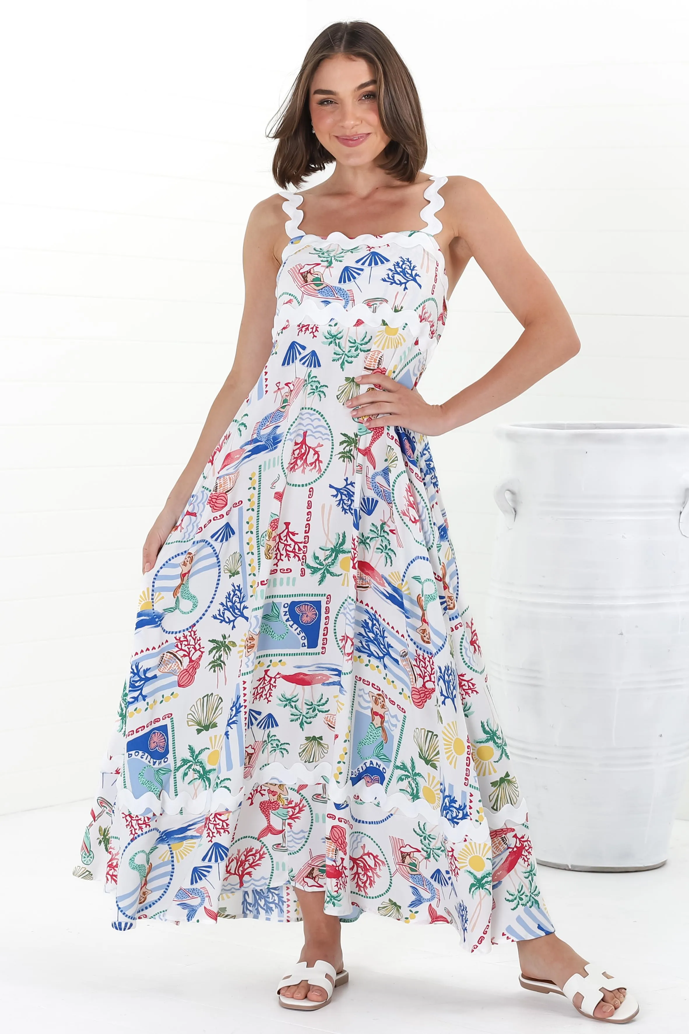 Bailie Maxi Dress - Rick Rack Detailed Sun Dress with Pockets in Positano Print sold by Salty Crush product image thumbnail 2