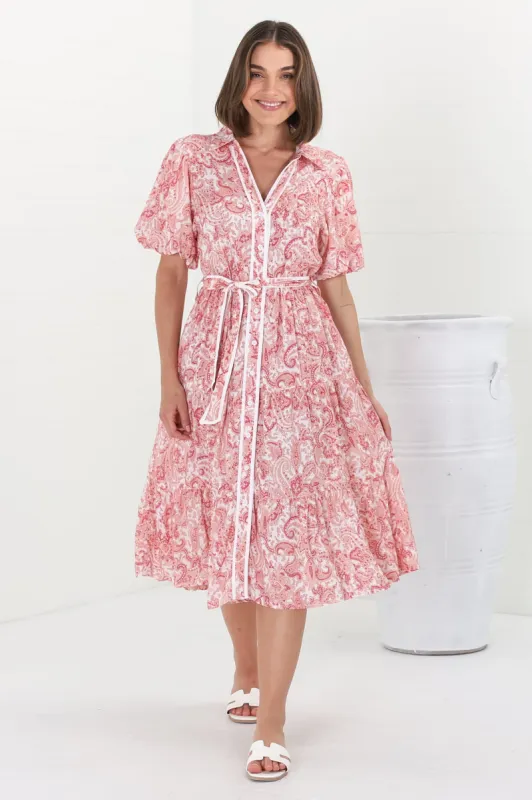 Olisa Midi Dress - Button-Down Contrast Piping Smock Dress with Matching Belt in Henrietta Print Pink sold by Salty Crush