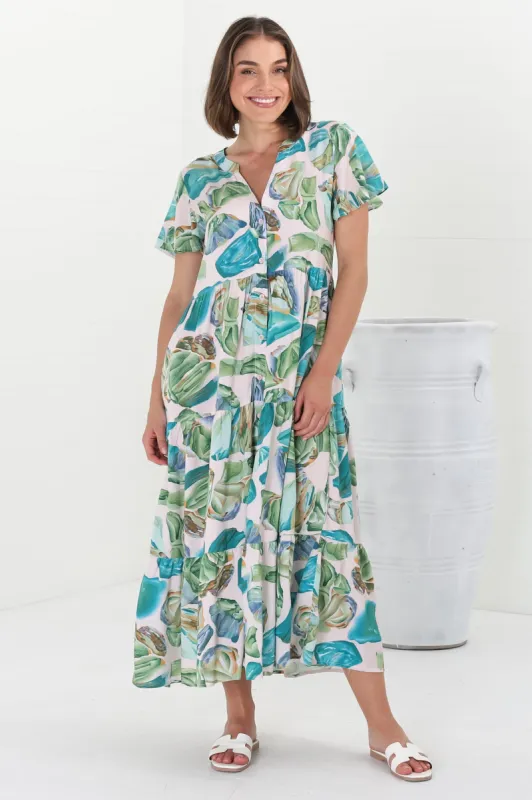 Milla Midi Dress - Tiered Button Down Dress in Adelita Print Green sold by Salty Crush