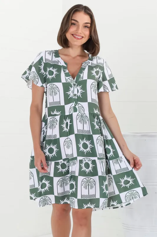 Wilma Mini Dress - Bermuda Collar Button Down Dress with Cap Sleeves in Layah Print Green sold by Salty Crush