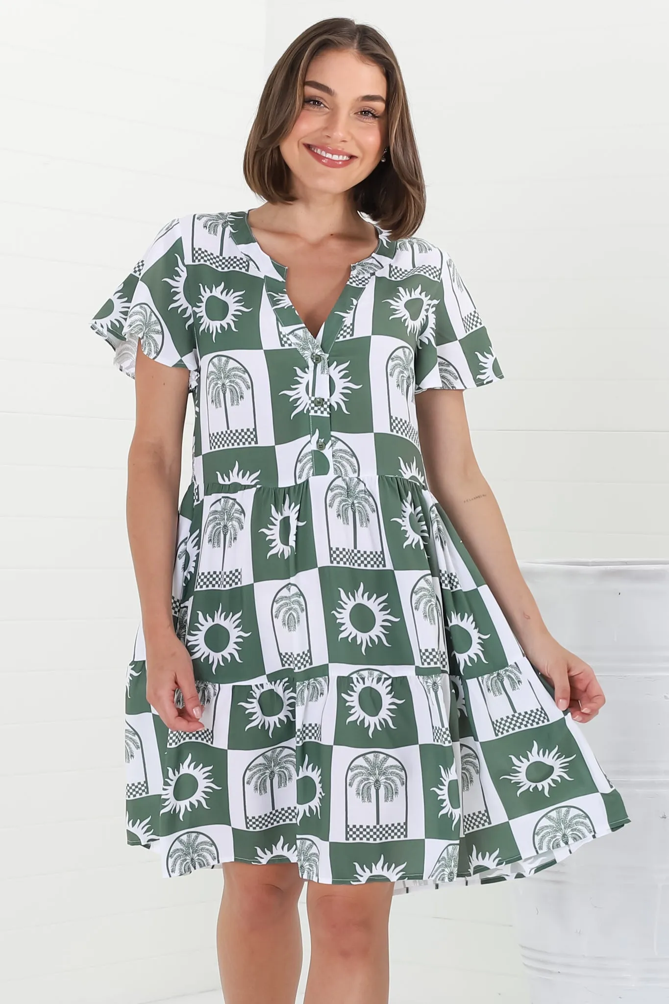 Wilma Mini Dress - Bermuda Collar Button Down Dress with Cap Sleeves in Layah Print Green sold by Salty Crush