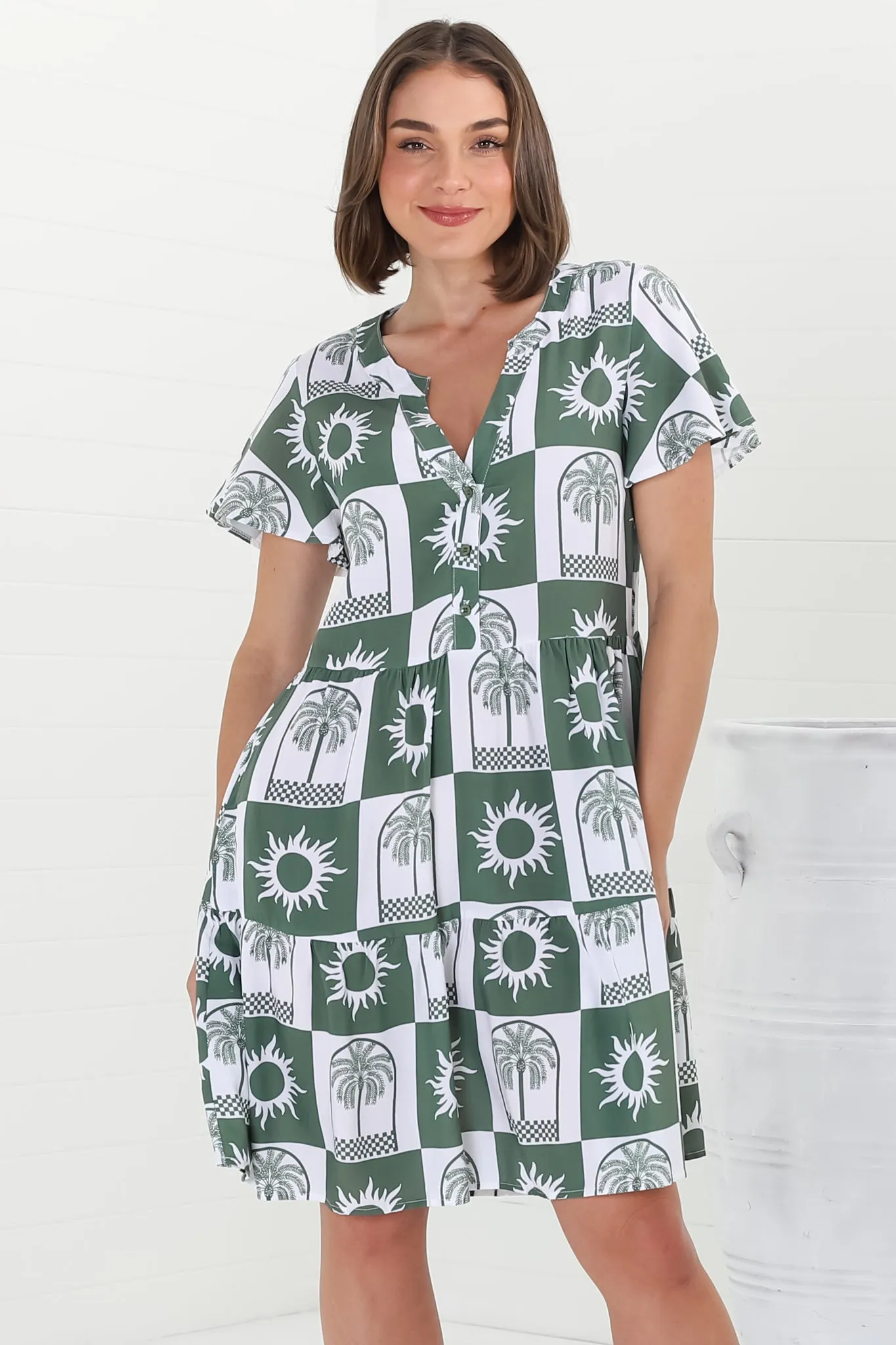 Wilma Mini Dress - Bermuda Collar Button Down Dress with Cap Sleeves in Layah Print Green sold by Salty Crush product image thumbnail 4