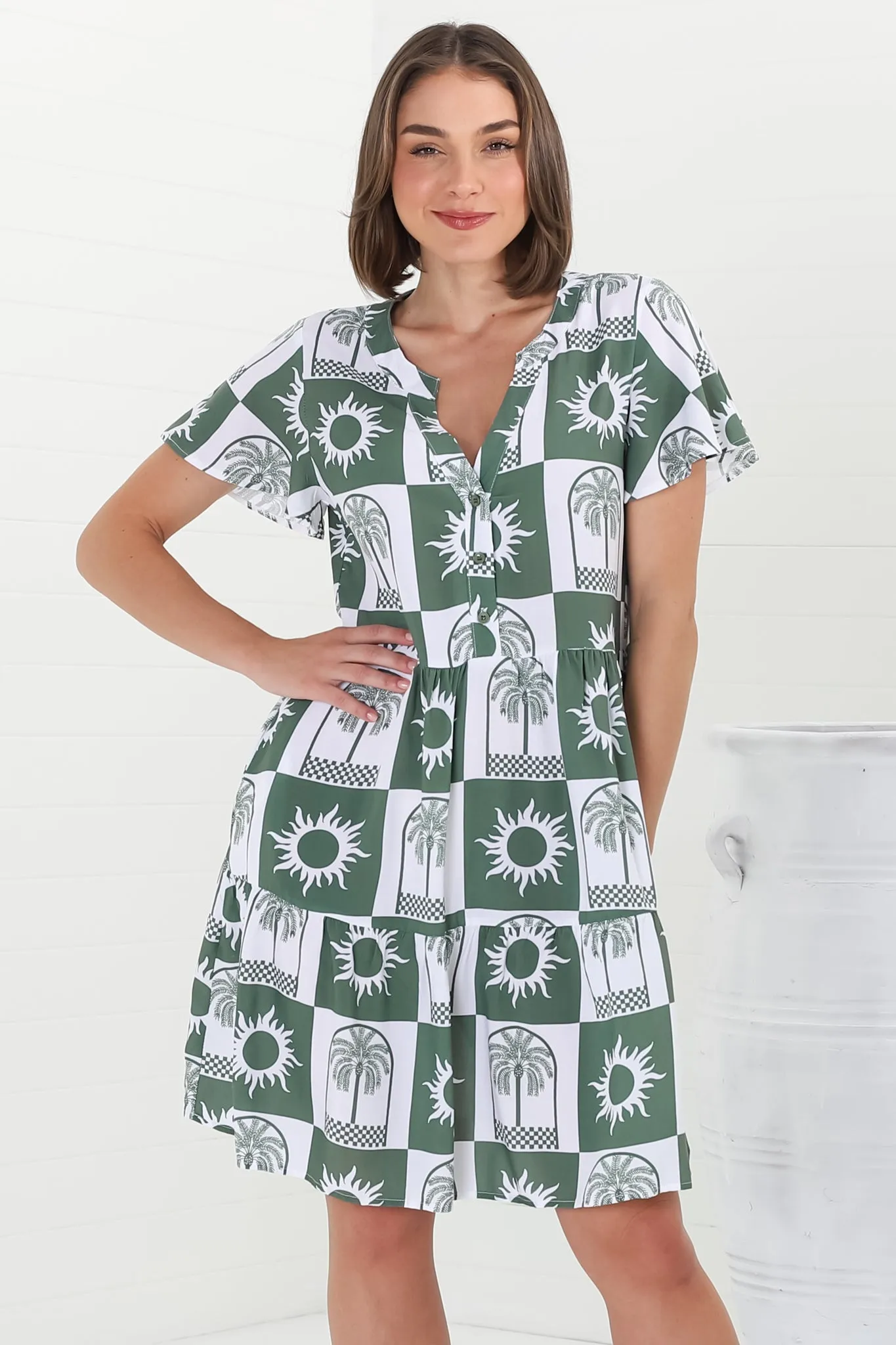 Wilma Mini Dress - Bermuda Collar Button Down Dress with Cap Sleeves in Layah Print Green sold by Salty Crush product image thumbnail 2