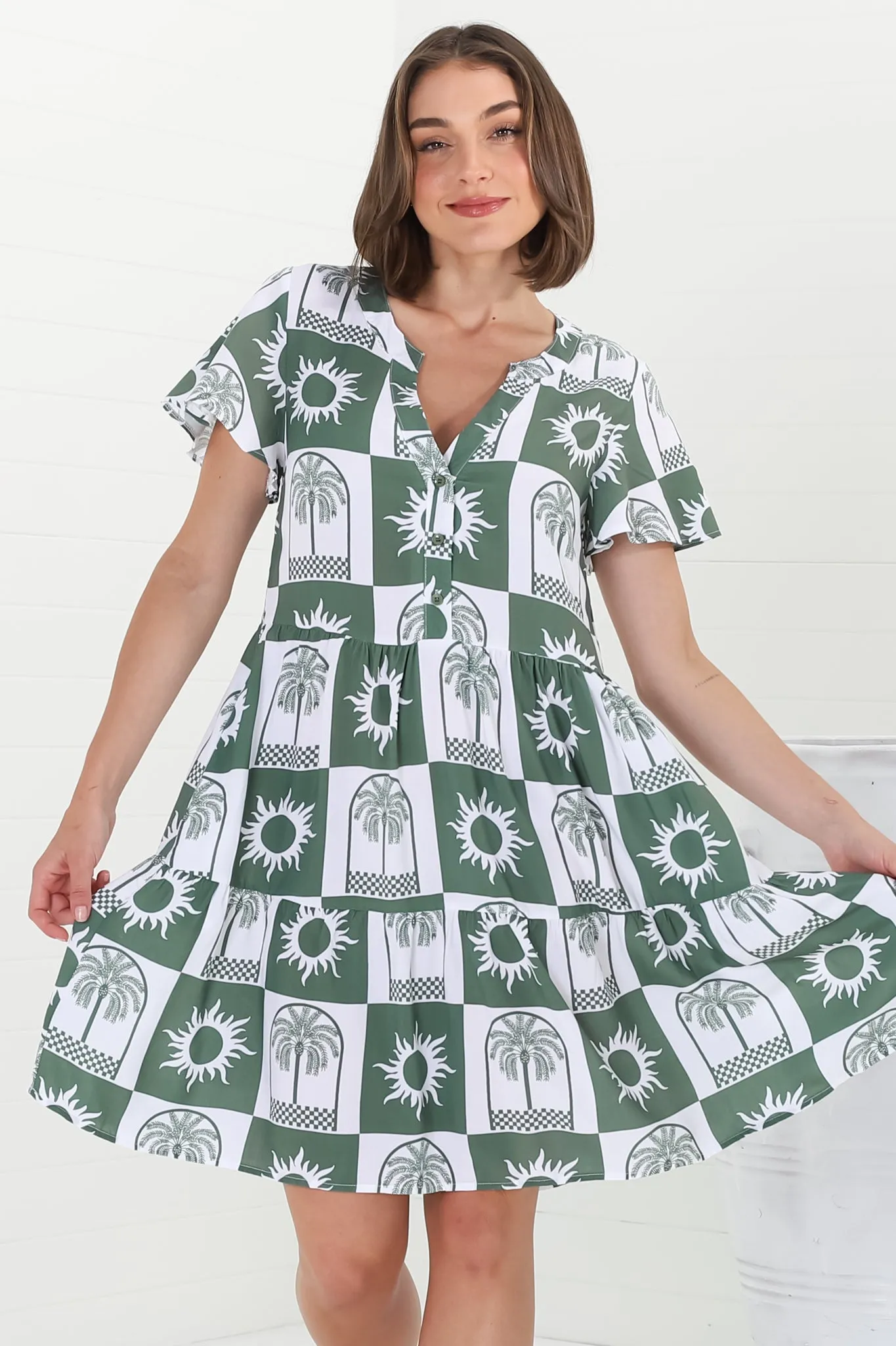 Wilma Mini Dress - Bermuda Collar Button Down Dress with Cap Sleeves in Layah Print Green sold by Salty Crush product image thumbnail 3