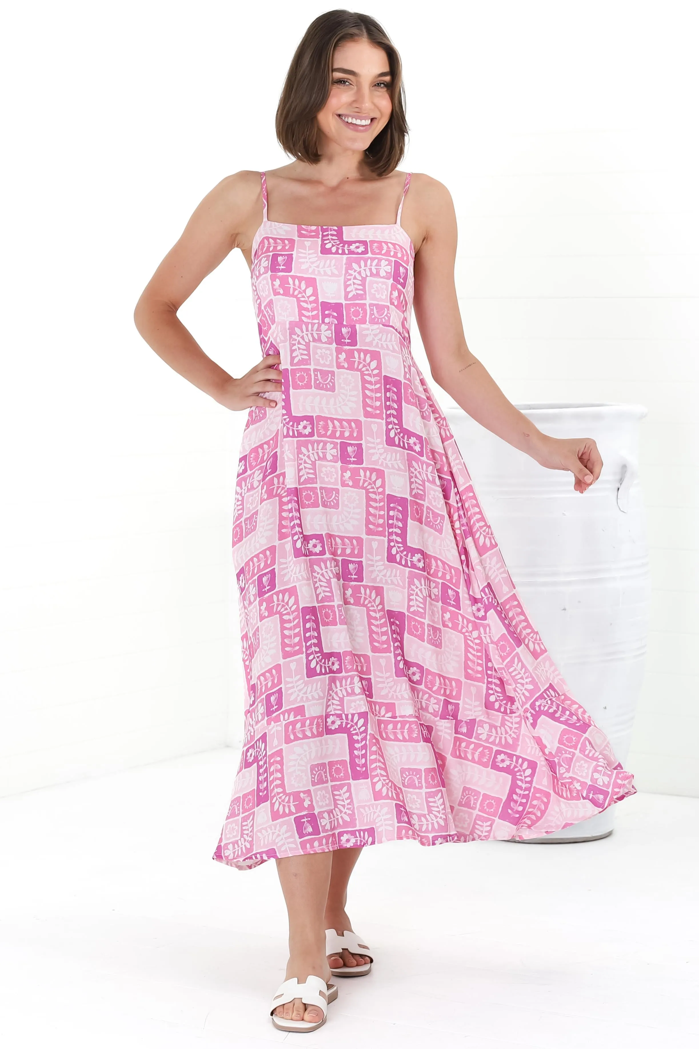 Amara Midi Dress - Adjustable Strap Sun Dress with Pockets in Hoku Print Pink sold by Salty Crush product image thumbnail 4