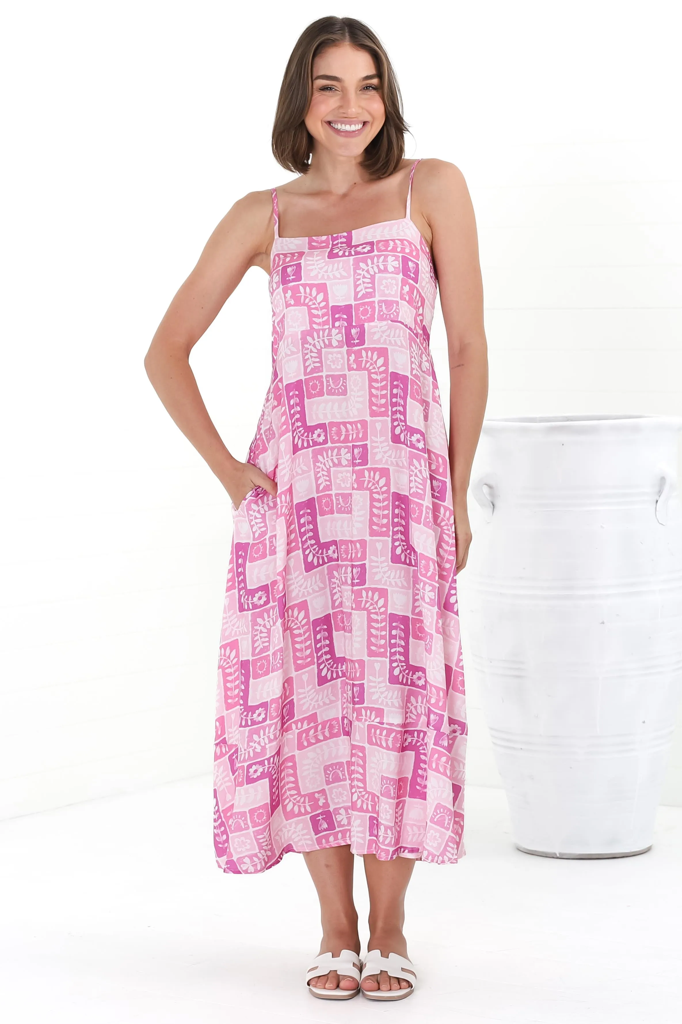 Amara Midi Dress - Adjustable Strap Sun Dress with Pockets in Hoku Print Pink sold by Salty Crush product image thumbnail 2