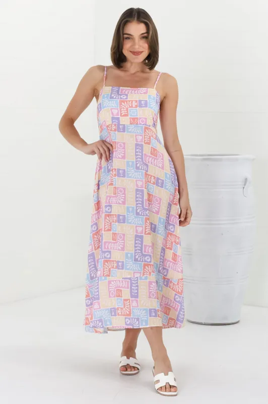 Amara Midi Dress - Adjustable Strap Sun Dress with Pockets in Hoku Print Pastel sold by Salty Crush