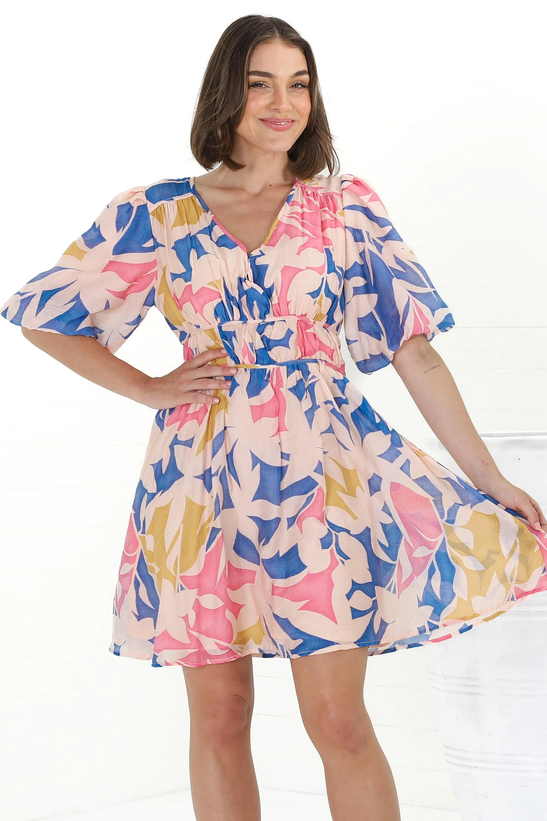 Ester Mini Dress - Cross Front Neckline Gathered Waist A Line Dress in Polina Print Blue sold by Salty Crush product image thumbnail 4